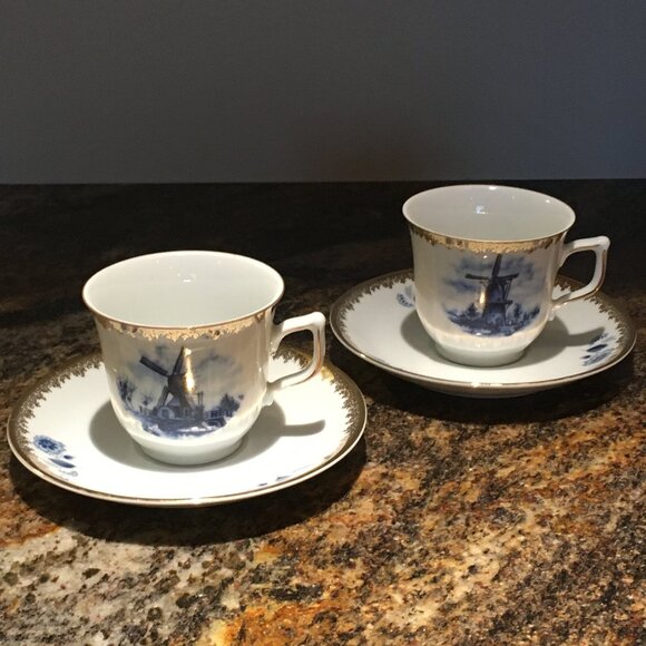 Two Delft Blue and Gold Porcelain Holland Teacup and Saucer Set - Picture 11 of 15